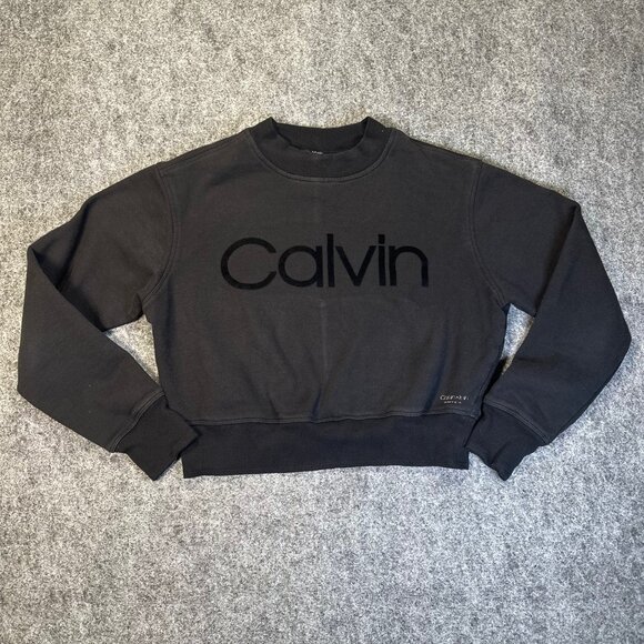 Calvin Klein Performance Womens Black VTG Cropped Sweatshirt Small SpellOut Logo - Picture 1 of 13